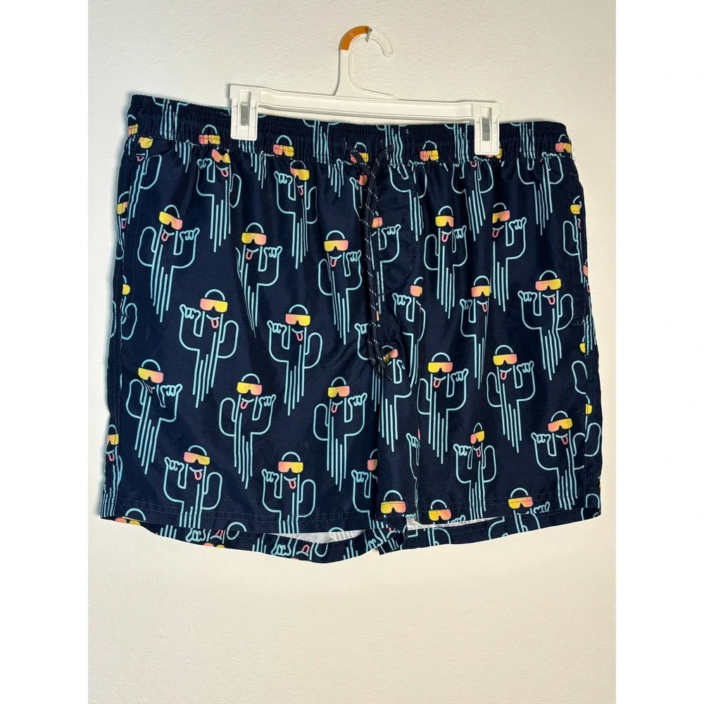 No Boundaries Mens XL Cactus Print Swim Trunks Navy Blue Neon‎ Sunglasses Mesh